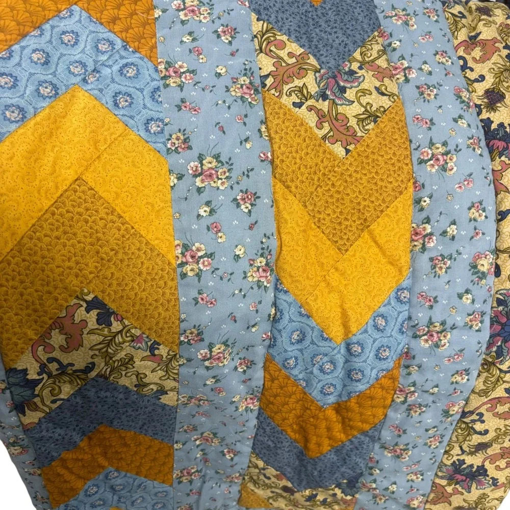 Handmade Chevron Quilted Wall Hanging Floral Patchwork Mustard Blue 33x48